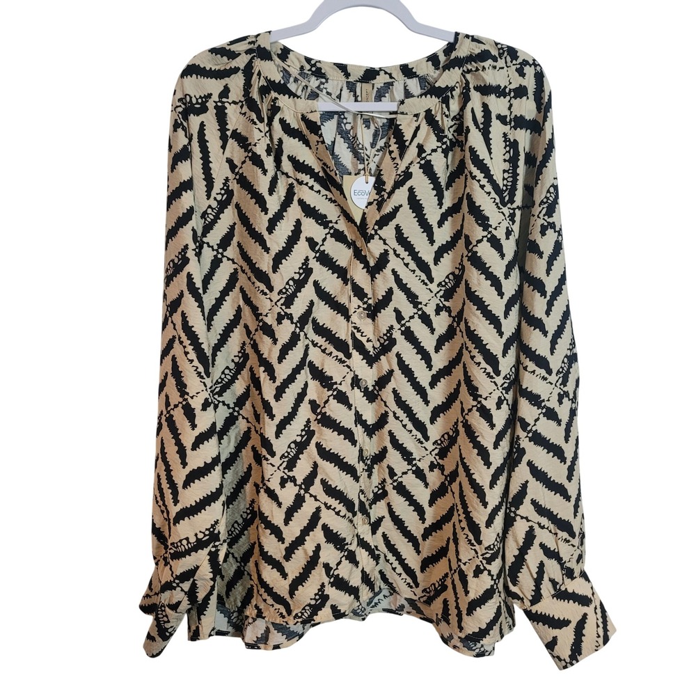 Soyaconcept Black Cream Abstract Chevron Blouse EcoVero Viscose Top XL  NEW